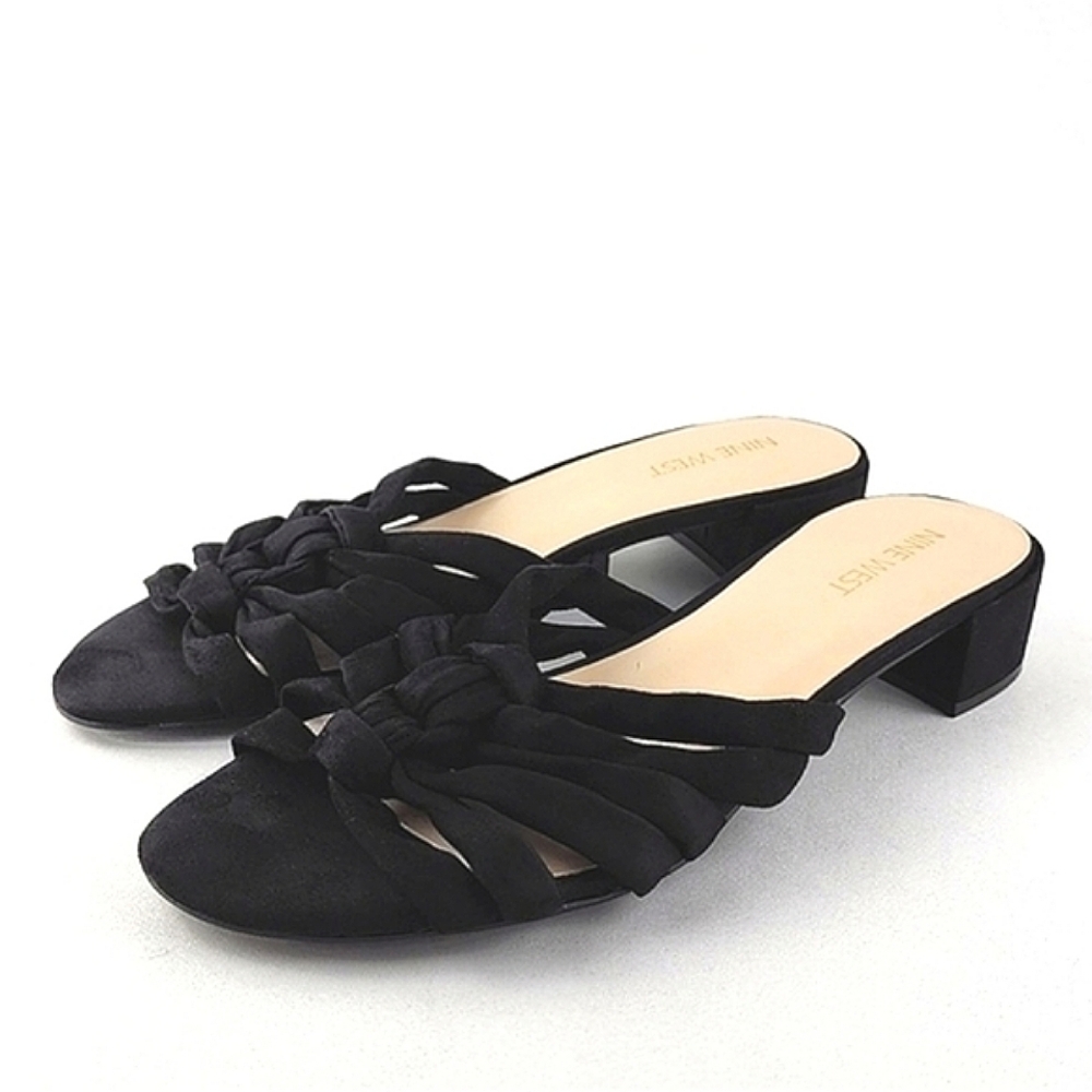 Nine  West Black Low Block Heel Faux Suede Strappy Slides Sandals Size 8.5M